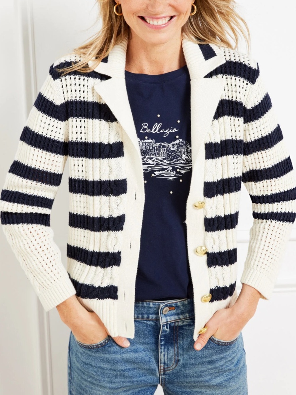 Talbots CABLE KNIT SWEATER JACKET - STRIPE - size large